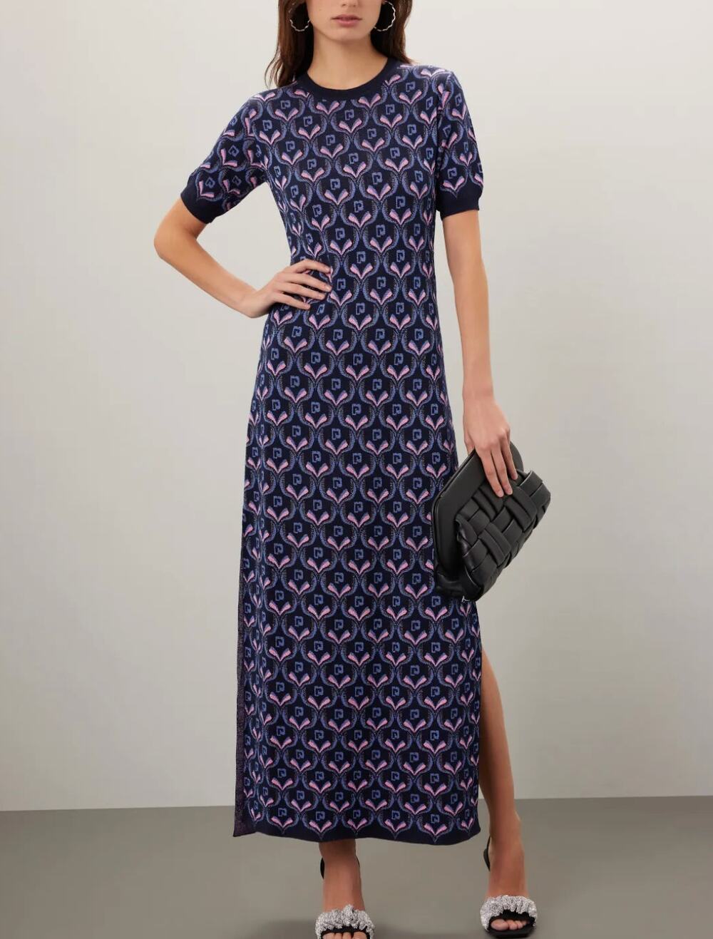 Paco Rabanne Blue Logo Knit Midi Dress MEDIUM Bodycon Career Wool Designer $940